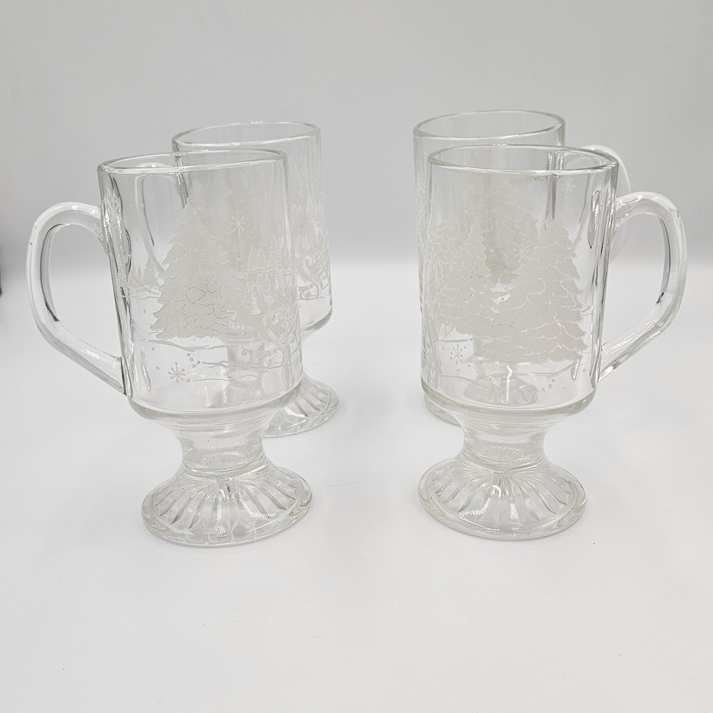 Vintage Lot Of 4 Avon " Through The Woods" Christmas Glass Irish Coffee/Tea Mugs